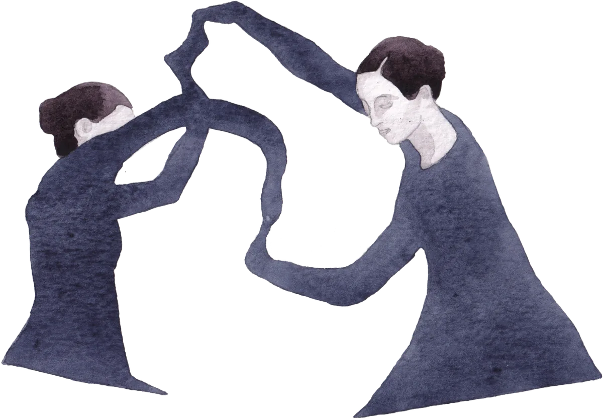 Duas figuras de azul a dançar — aguarela