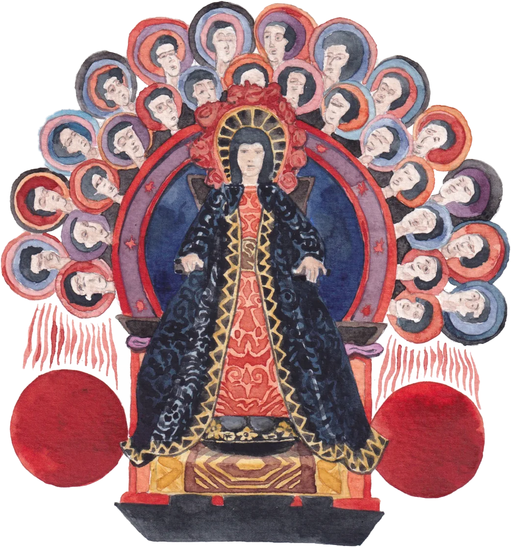 Maria I entronizada, rodeada de figuras — aguarela